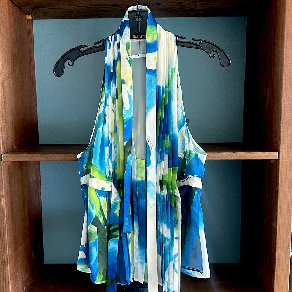 Roberto Cavalli Blue and Green Floral Silk Blouse Vintage y2k